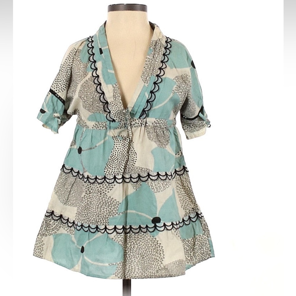 April, May 100% Cotton Baby Doll Tiered Tunic Blouse Aqua & Beige Size XS